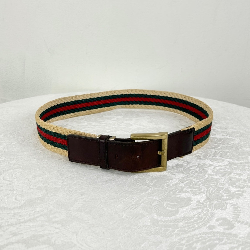 Vintage Woven Striped Preppy Belt with Leather and Brass Detailing
